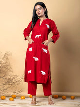 Red Cotton Elephant Embroidery Kurta Set